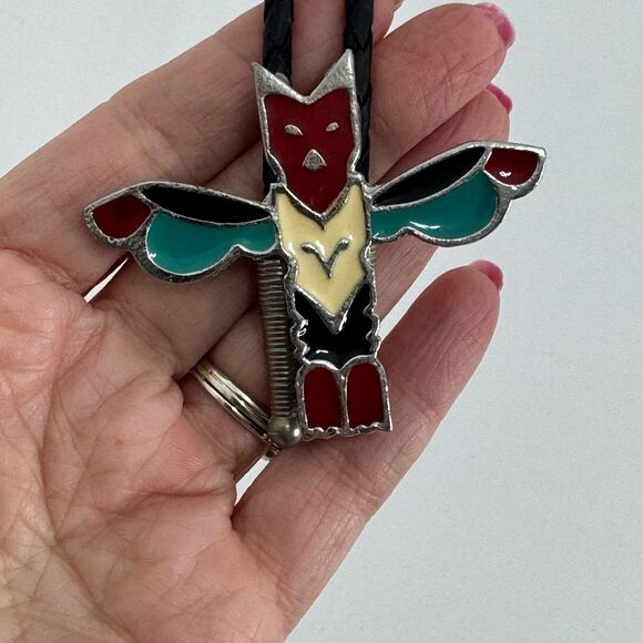 Vintage Metal Bolo Tie Nice Silver Tone Bird with Nice Enamel Design Native - Picture 1 of 6